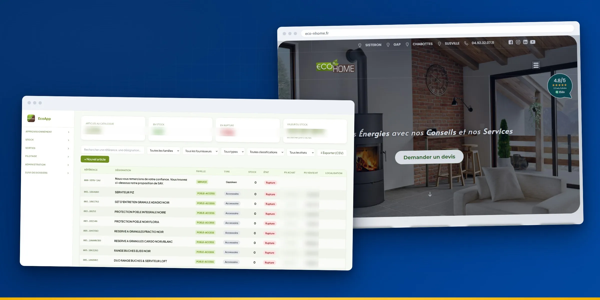 L’écran de gestion de stock de l’application métier d’Eco N’Home, avec ses compteurs et ses états de rupture, à côté de la page d’accueil du site eco-nhome.fr